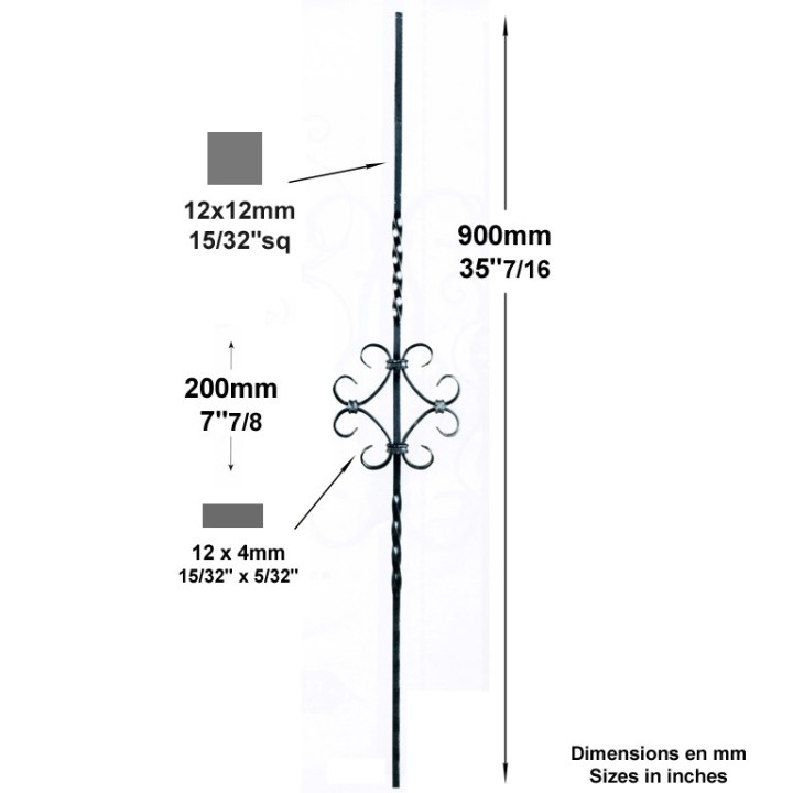 Balustre 900mm lisse 2 torsades 12x12mm avec 4 volutes 12x4mm