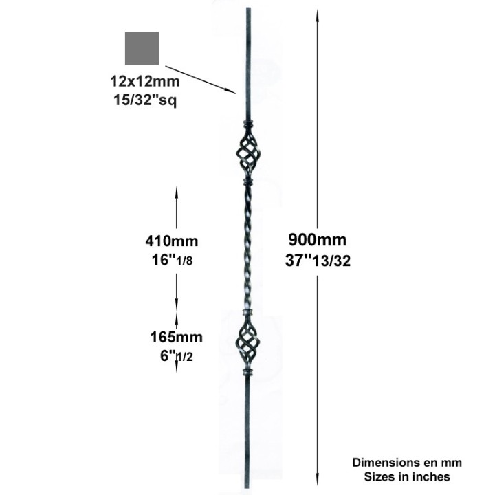 Balustre 900mm lisse 1 torsade 12x12mm avec 2 pignes décoratives