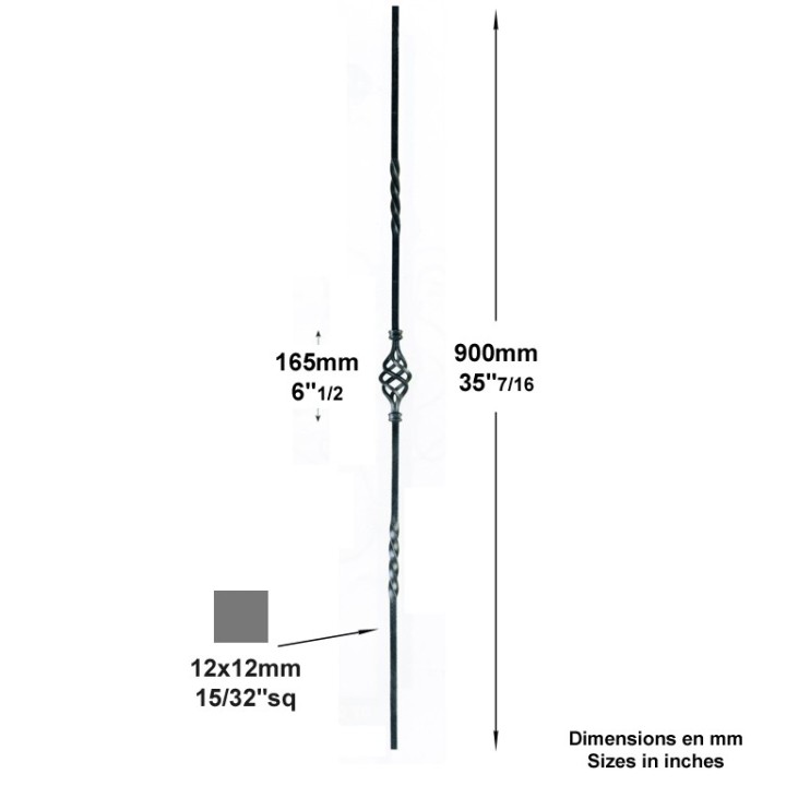 Balustre 900mm lisse 2 torsades 12x12mm avec 1 pigne décorative