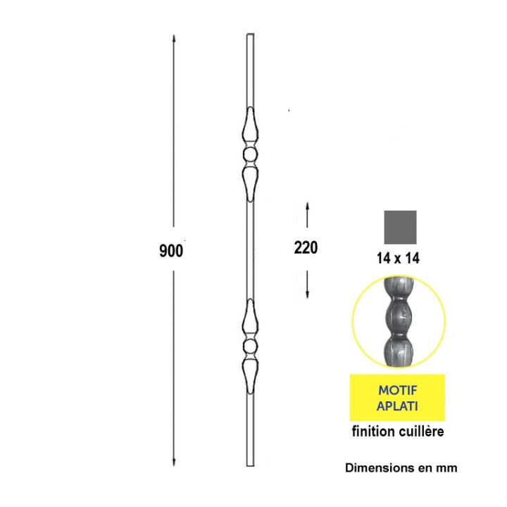 Balustre 900mm 14x14 lisse avec 2 motifs cuillères forgés à chaud