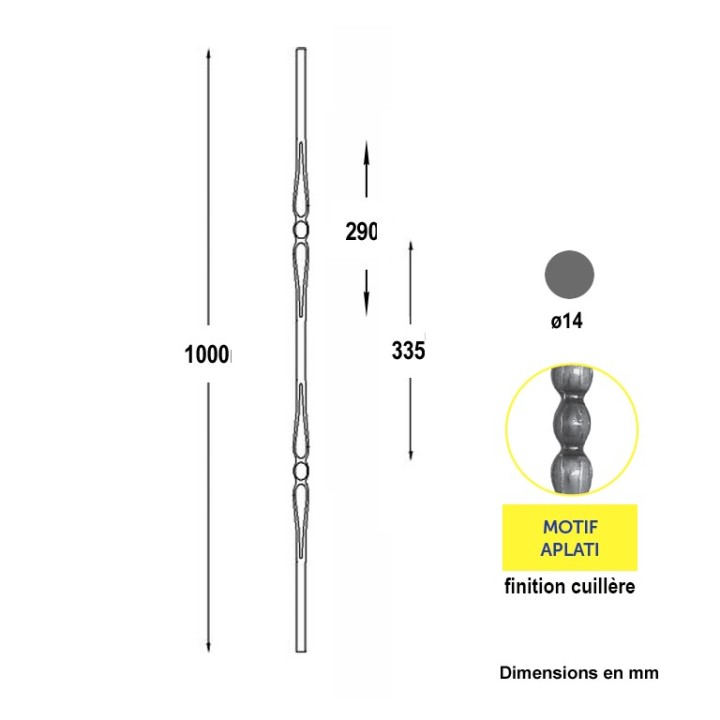 Balustre 1000mm ø14 lisse avec deux motifs cuillères forgés à chaud