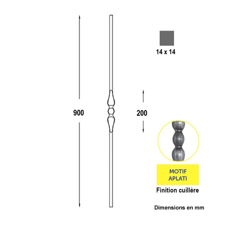 Balustre 900mm 14x14 lisse avec un motif cuillère forgé à chaud