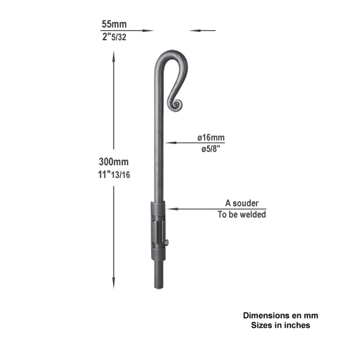 Verrou pistolet forg 16mm hauteur 300mm