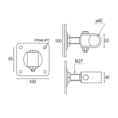 Gond rglable M24 pour tube 40x40mm sur platine  visser pour rglage horizontal