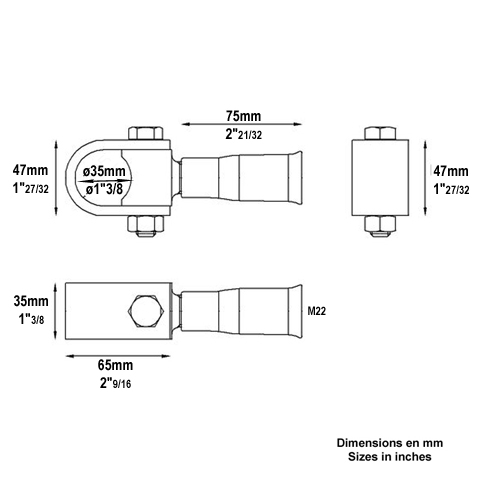 Gond rglable M22 pour tube 35x35mm  sceller avec rglage horizontal