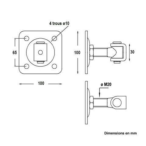 Gond charnire rglable M24 pour tube 40x40mm sur platine  visser pour rglage horizontal