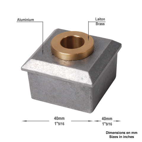 Jonction de Crapaudine 40x40mm alsage 12mm aluminium et laiton