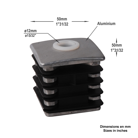 Jonction de Crapaudine 50x50mm trou 12mm en aluminium - bouchon