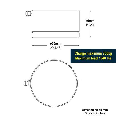 Pivot roulement bas 68mm 40x40mm pour fortes charges