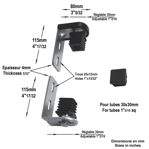 Ensemble gond-pivot tube 30x30mm avec nylon  glisser dans tube carr