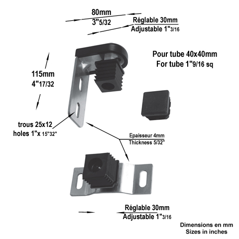 Ensemble gond-pivot tube 40x40mm avec nylon Pivot  fixer au sol