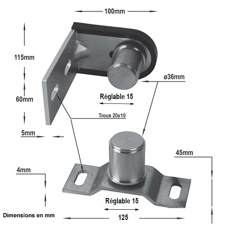 Ensemble querre platine pour 40x40mm gond-pivot  bille  fixer au sol