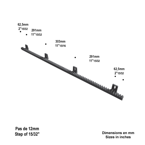 Crmaillre polyamide 1010mm renforce pour portail coulissant 4 fixations