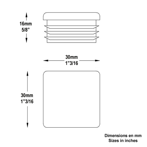 Bouchon nylon 30x30mm plein pour tube carr paisseir entre 1 et 3 mm