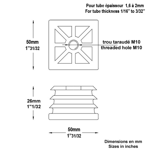 Bouchon nylon 50x50mm taraud M10 pour tube carr paisseur entre 1 et 2 mm