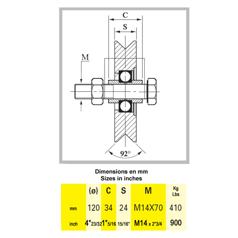 Roulette acier 120mm  gorge en V pour portails coulissants