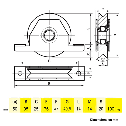 Roulette  encastrer 50mm avec gorge en V en acier pour tube 60x40x2mm