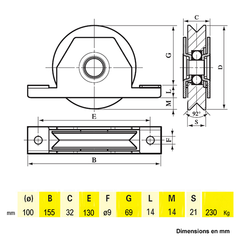 Roulette  encastrer 100mm gorge en V en acier pour tube 80x40mm