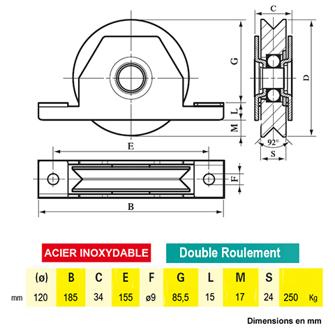 Roulette  encastrer INOX 120mm gorge V pour tube 100x40mm