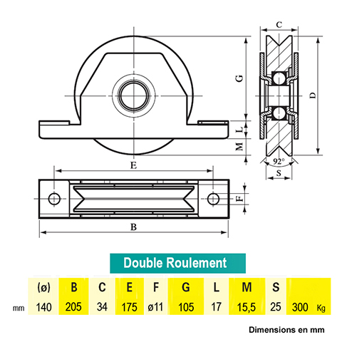 Roulette  encastrer 140mm gorge en V en acier pour tube 120x40x3mm