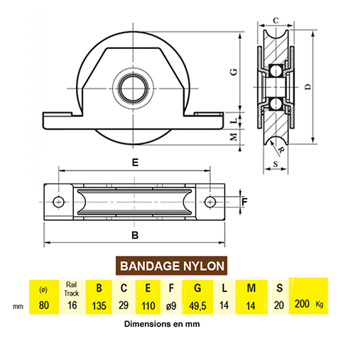 Roulette  encastrer 80mm gorge en U bandage polyamide pour coulissants