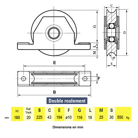 Roulette  encastrer 160mm gorge en U double roulement pour tube de 140x60mm