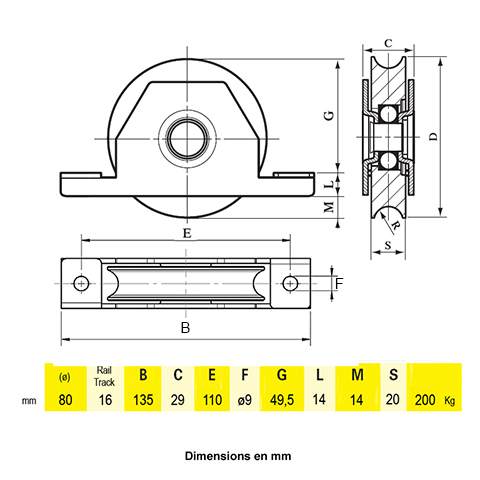 Roulette  encastrer 80mm avec gorge en U acier pour tube 60x40x2m