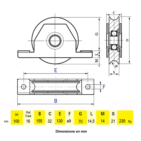 Roulette  encastrer 100mm avec gorge en U acier pour tube 80x40mm