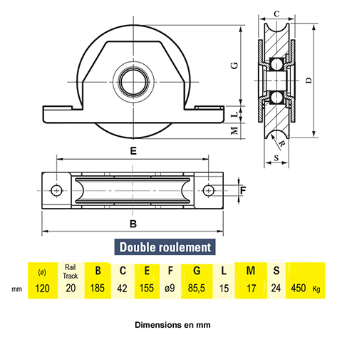 Roulette  encastrer 120mm gorge en U acier avec double roulement