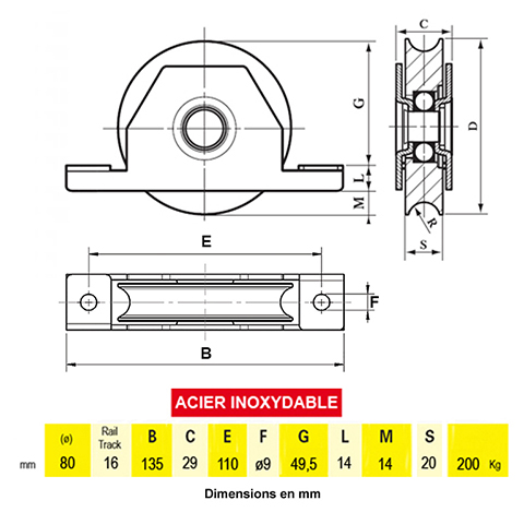 Roulette INOX  encastrer 80mm gorge en U pour portails coulissants