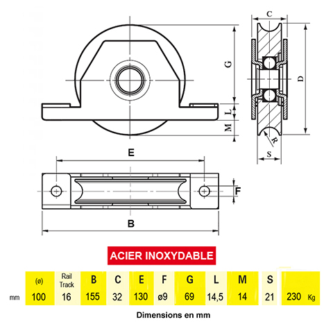 Roulette INOX  encastrer 100mm gorge en U pour portails coulissants