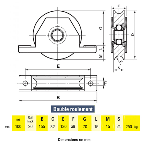 Roulette  encastrer 100mm avec gorge en U double roulement pour coulissant