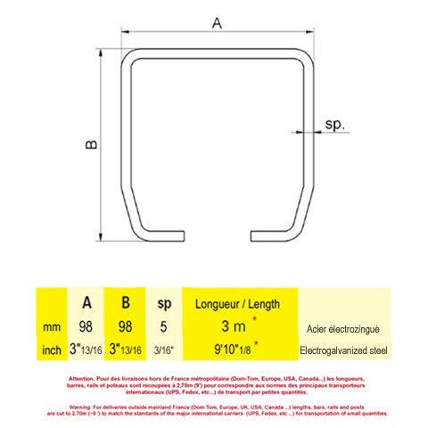 Rail autoportant 98mm longueur 3m pour portail auto-portant cantilever