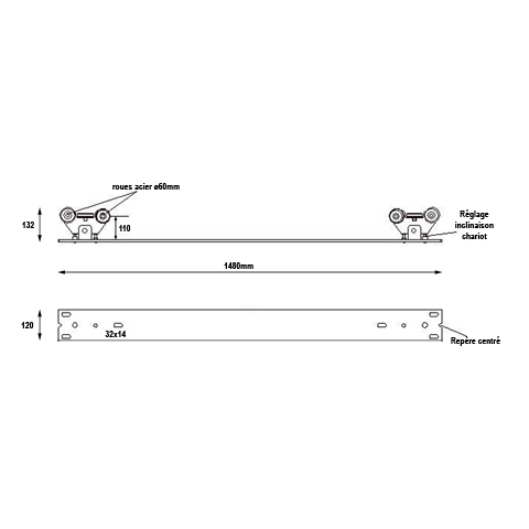 Systme 2 chariots de guidage rail 68x68mm pour portails autoportant 5m
