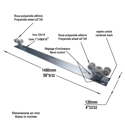 Systme 2 chariots de guidage rail 72x72mm pour portails autoportant 4.5m