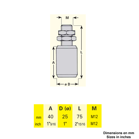 Galet de guidage 25x75mm axe M12 pour guidage de portails coulissants