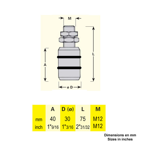 Galet de guidage 30x75mm axe M12 avec joints toriques pour portails coulissants