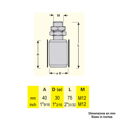 Galet de guidage 30x75mm axe M12 avec capot de protection pour portails coulissants