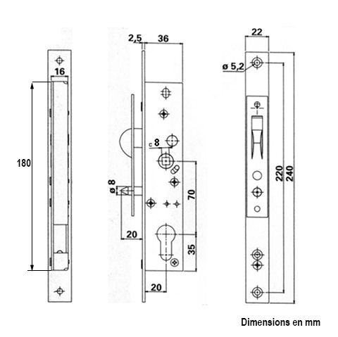Serrure  crochet  encastrer pour portail coulissant tube 40x40mm