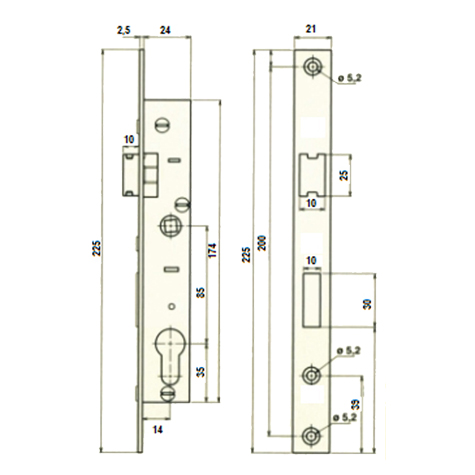Serrure  larder pour tube 30x30mm avec cylindre carr de 7mm
