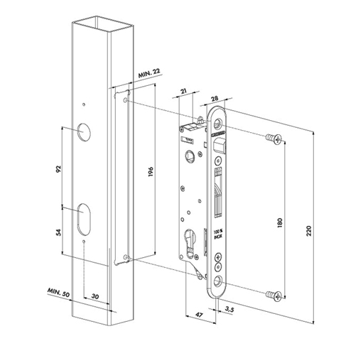 Serrure de scurit INOX pne rversible tube de 50x50mm FN37132 Serrures Locinox  ajuster FN37132