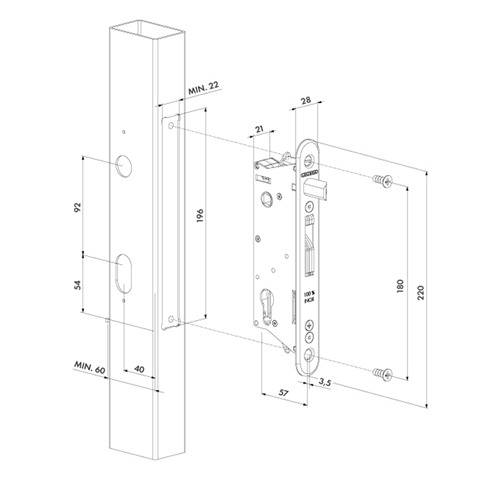 Serrure de scurit INOX pne rversible tube de 60x60mm FN37133 Serrures Locinox  ajuster FN37133