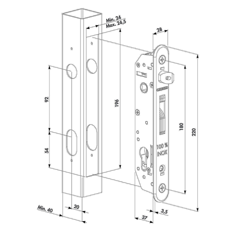 Serrure de scurit INOX pne rversible 40x40mm minimum FN3713 Serrures Locinox  ajuster FN3713