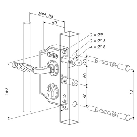 Serrure  pne INOX LAKY pour portails ouvrants mcanisme inox FN3716 Serrures Locinox  ajuster FN3716