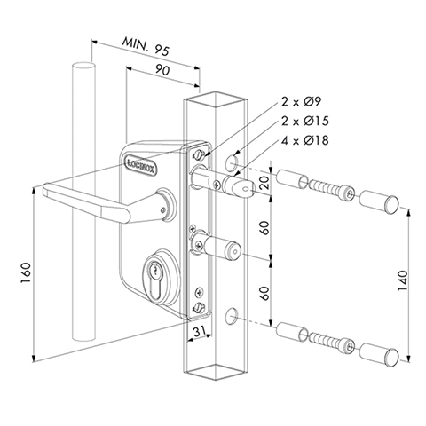 Serrure  pne INOX pour portails ouvrants et portillons tubes 60x60mm ou 80x80mm FN37171 Serrures Locinox  ajuster FN37171