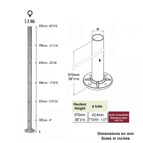 Poteau 42,4mm de dpart taraud montage cble ou rond plein INOX316 IN2121 Poteaux garde-corps ou escaliers Poteaux ronds acier inox 316 IN2121