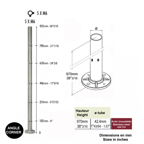 Poteau 42,4mm d'angle taraud montage cble ou rond plein INOX316 IN2122 Poteaux garde-corps ou escaliers Poteaux ronds acier inox 316 IN2122