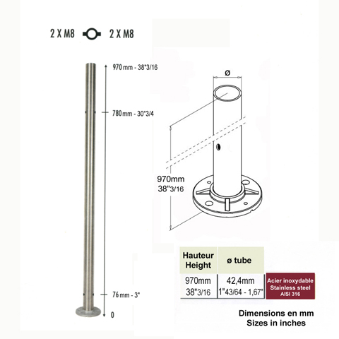 Poteau 42,4mm intermdiaire taraud montage verre INOX316 IN2124 Poteaux garde-corps ou escaliers Poteaux ronds acier inox 316 IN2124