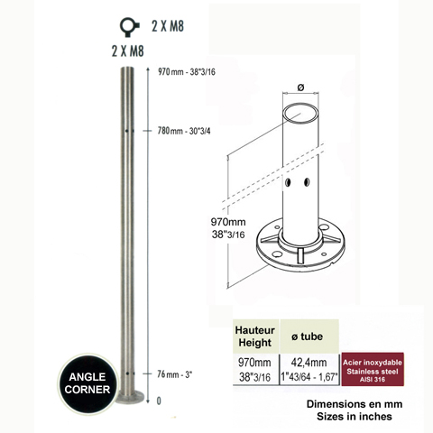 Poteau 42,4mm intermdiaire taraud montage verre INOX316 IN2125 Poteaux garde-corps ou escaliers Poteaux ronds acier inox 316 IN2125