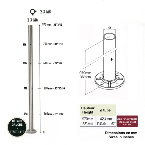 Poteau 42,4mm dpart gauche taraud montage cble et verre INOX316 IN2126 Poteaux garde-corps ou escaliers Poteaux ronds acier inox 316 IN2126